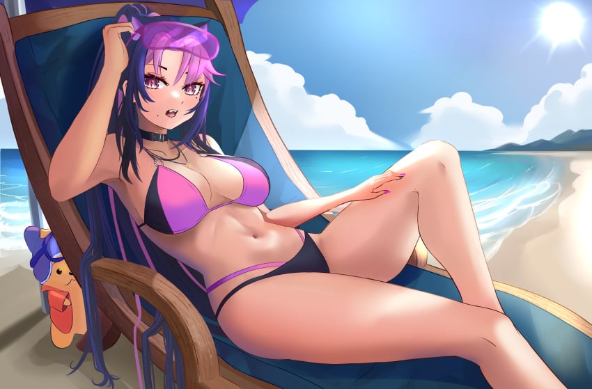 animal_ears beach bikini blue_hair cloud day estebaneishon1 glasses_on_head highres latam_virtual_youtuber long_hair looking_at_viewer mole mole_under_eye pink_eyes pink_hair pink_nails ponytail shura_hiwa summer two_tone_hair virtual_youtuber vjin vtuber vtuberfanart