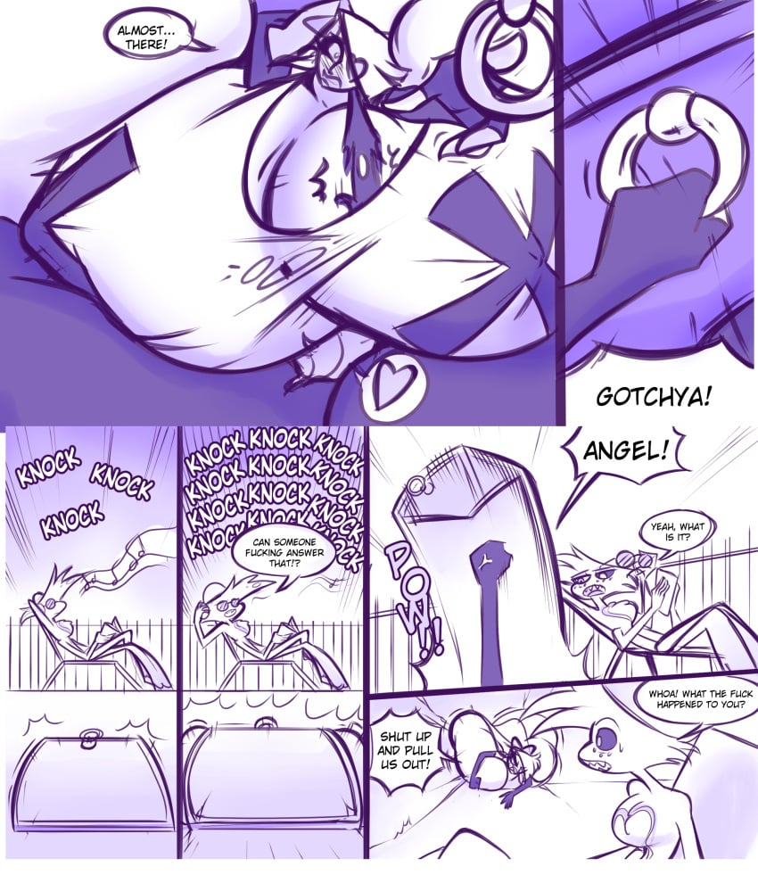 angel_dust_(hazbin_hotel) charlie_morningstar_(hazbin_hotel) comic comic_page darkclawnsfw dialogue hazbin_hotel huge_breasts hyper_breasts overgrowingassets vaggie_(hazbin_hotel)