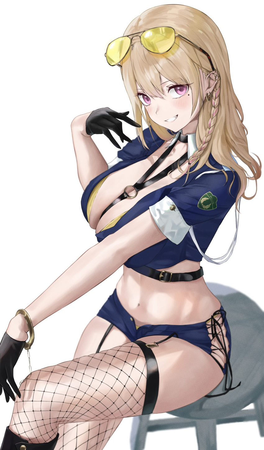 1girls 2023 2d 2d_(artwork) belt big_breasts big_thighs black_gloves blonde_hair blush booty_shorts breasts busty cleavage female female_focus female_only fishnet fishnet_legwear fishnets gloves hi_res highres hips hourglass_figure large_breasts light-skinned_female light_skin mole mole_under_eye original original_character police police_uniform policewoman purple_eyes renge730_(taotao0908) skimpy skimpy_clothes solo sunglasses thick_thighs thigh_strap thighs white_background wide_hips