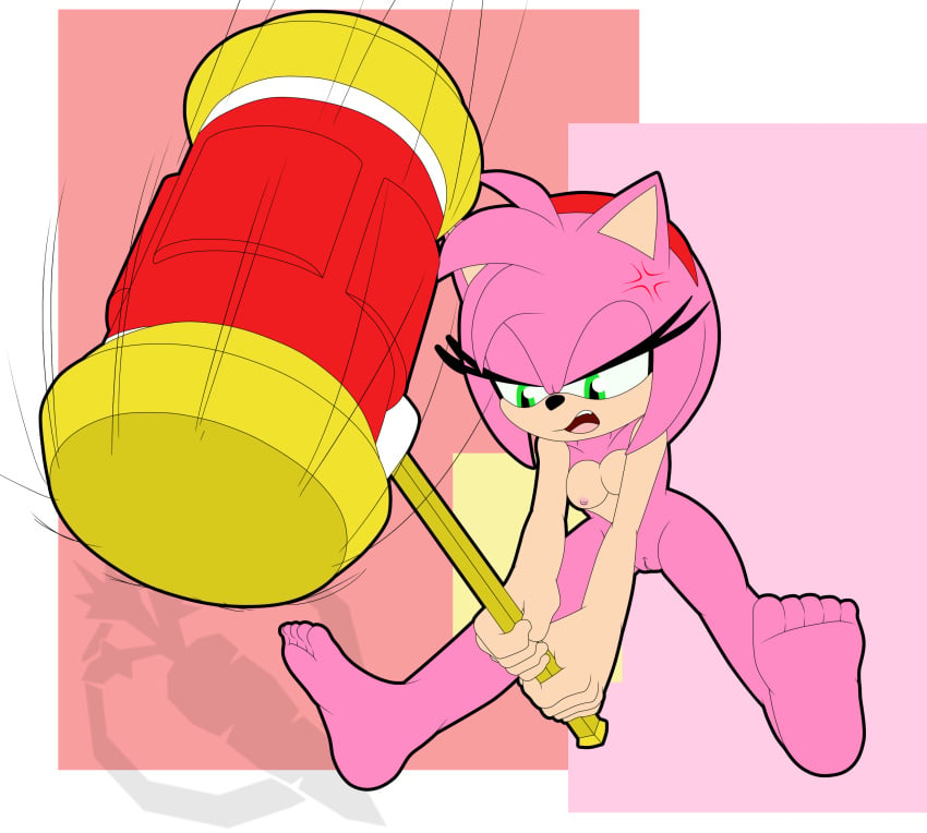 2022 absurd_res amy_rose annoyed anthro breasts cross-popping_vein eulipotyphlan feet female fur genitals green_eyes hair hedgehog hi_res mammal nipples no_shoes ogthecarrot open_mouth piko_piko_hammer pink_body pink_fur pink_hair pussy sega solo sonic_(series) sonic_the_hedgehog_(series) toes