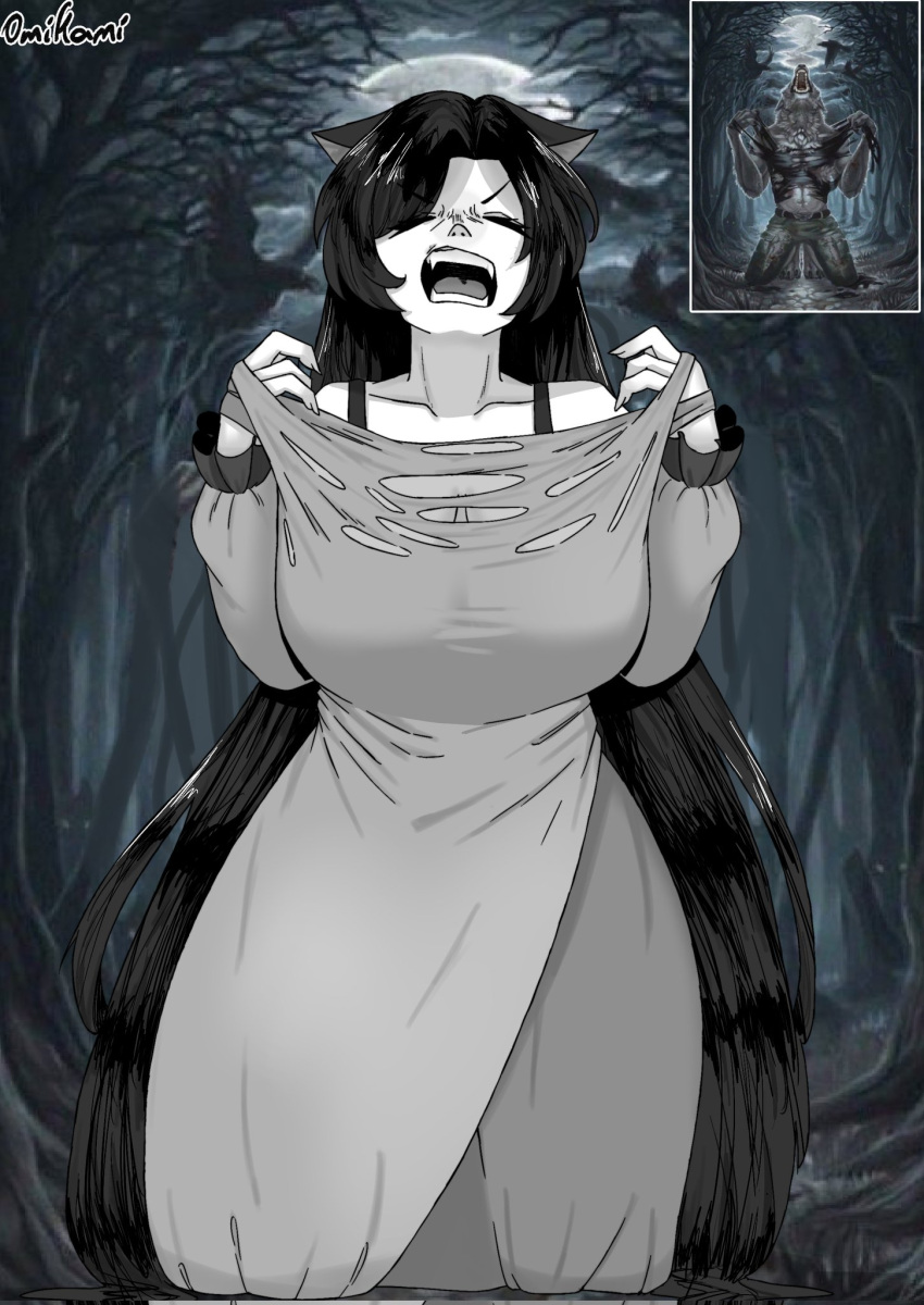 1girls angry angry_face artist_name big_breasts black_hair clothed_female detailed_background fangs huge_breasts kagerou_imaizumi large_breasts long_hair meme omikami parody photo_background reference_image ripped_clothing touhou voluptuous watermark white_skin wolf_ears wolf_girl