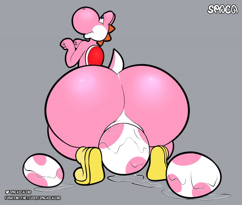 ambiguous_gender big_ass big_butt blue_eyes blue_iris boots commission egg_laying furaffinity_username grey_background huge_ass hyper_butt mario_(series) pink_body pink_yoshi rear_view red_shell spaca spacascaleno spotted_egg tagme twitter_username white_sclera yellow_boots yoshi