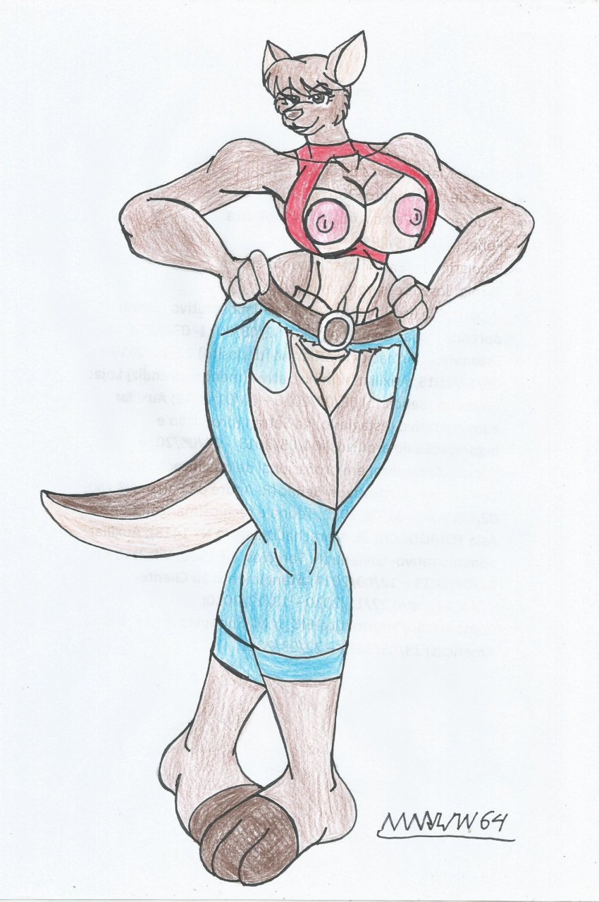 anthro big_breasts big_hips cartoon furry kangaroo kangaroo_humanoid marlon64 matilda_(adventures_in_bushtown) open_pants open_shirt skippy:_adventures_in_bushtown smile traditional_media_(artwork) white_background