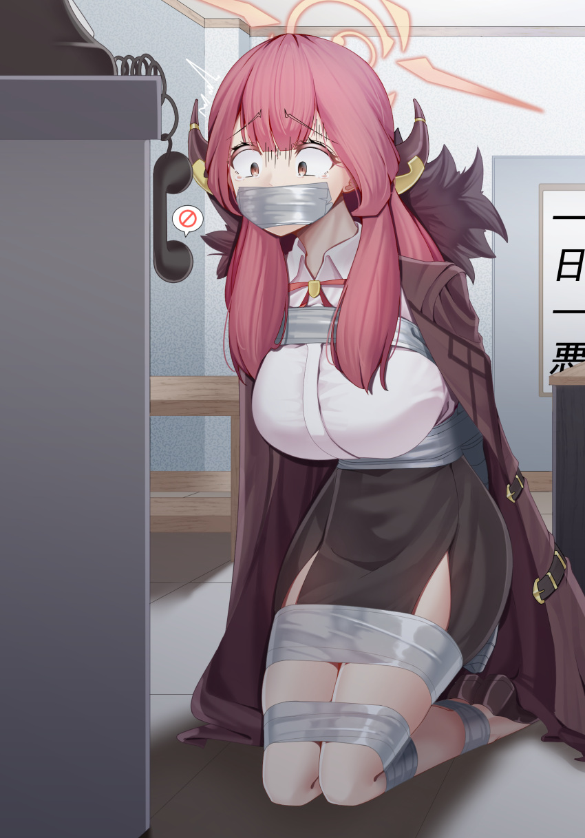 aru_(blue_archive) blue_archive bondage bound bt_(artist) fur_trimmed_coat gag gagged gehenna_academy_student halo pink_hair problem_solver_68_(blue_archive) red_hair tagme