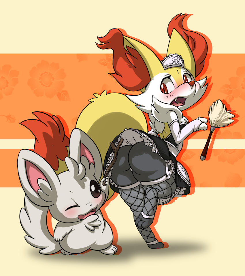 anthro ass blush braixen chinchilla fishnets fur furry lkiws maid maid_headdress maid_uniform minccino panties pokémon_(species) pokemon pokemon_(species) skirt tagme tail upskirt