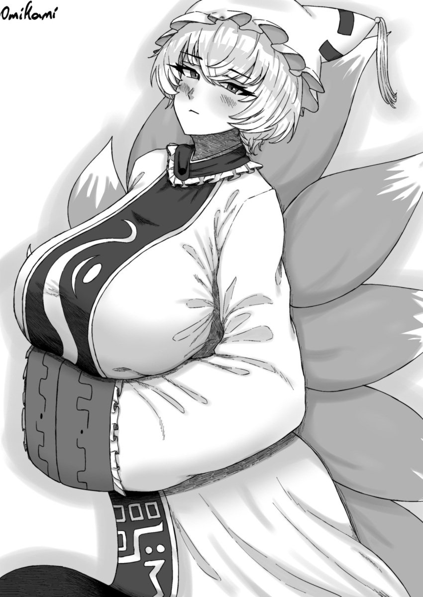 1girls big_breasts blush clothed_female fox_girl fox_tail hat huge_breasts kitsune large_breasts looking_at_viewer multiple_tails no_color omikami ran_yakumo short_hair solo solo_female touhou voluptuous watermark white_background