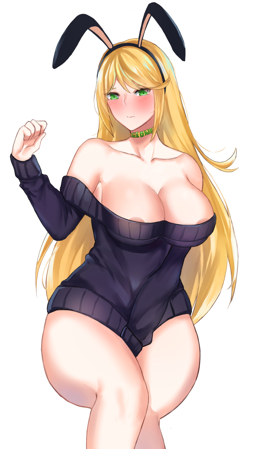 ardeee areolae_slip blonde_hair blush bunny_ears choker cleavage female geone green_eyes hand_between_legs legs_together light-skinned_female light_skin long_hair pale-skinned_female pale_skin sweater_dress vrchat