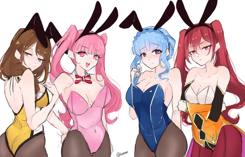 4girls alternate_costume artist_name ass beauty_mark big_ass blue_hair blush bow bowtie braid brown_eyes brown_hair bunny_ears bunny_girl bunnysuit cleavage fake_animal_ears female female_only fire_emblem fire_emblem:_three_houses fire_emblem_awakening fire_emblem_engage fire_emblem_heroes goldmary_(fire_emblem) hair_ornament hair_over_shoulder highres hilda_valentine_goneril light-skinned_female light_skin long_hair looking_at_viewer marianne_von_edmund medium_breasts mole mole_on_breast nintendo official_alternate_costume open_mouth pink_eyes pink_hair plain_background red_eyes red_hair serafineart1001 severa_(fire_emblem) severa_(spring)_(fire_emblem) side_ponytail sideboob small_breasts smile twintails watermark white_background yellow_eyes