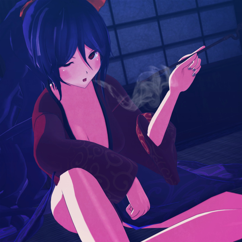 1girls 3d cleavage kaunta_y223 kiseru komakusa_sannyo limited_palette mikumikudance open_clothes smoke smoking smoking_pipe touhou