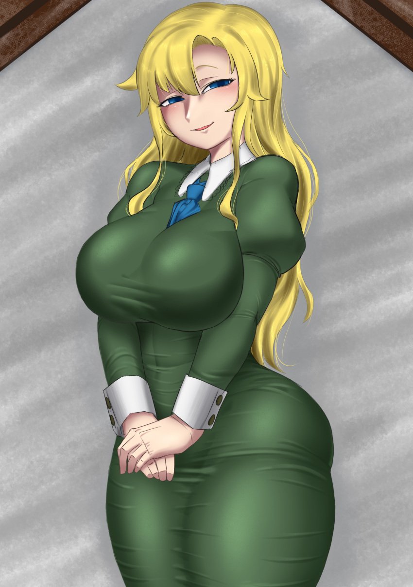 1girls alternate_version_available ass blonde_hair blue_eyes breasts clothed female female_only ib kaxiota large_ass large_breasts large_butt looking_at_viewer mary_(ib) smug solo solo_female thick thick_thighs thighs