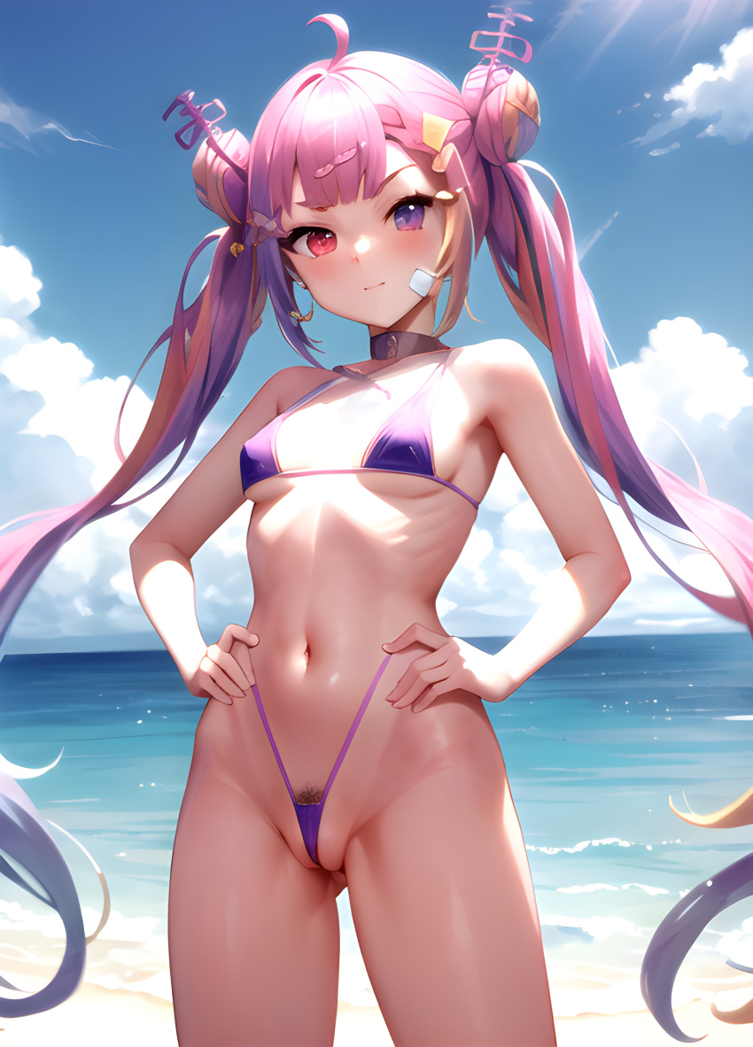 1girls ai_generated bandaid_on_face beach hands_on_hips heterochromia hi_res idol_corp pink_hair pubic_hair ribs riro_ron sling_bikini small_breasts stable_diffusion twin_buns twintails virtual_youtuber wedgie