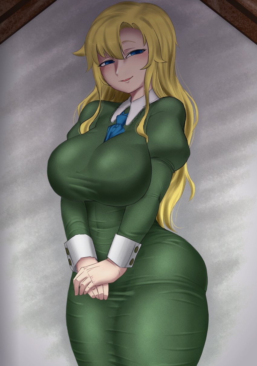 1girls alternate_version_available ass blonde_hair blue_eyes breasts clothed female female_only ib kaxiota large_ass large_breasts large_butt looking_at_viewer mary_(ib) smug solo solo_female thick thick_thighs thighs