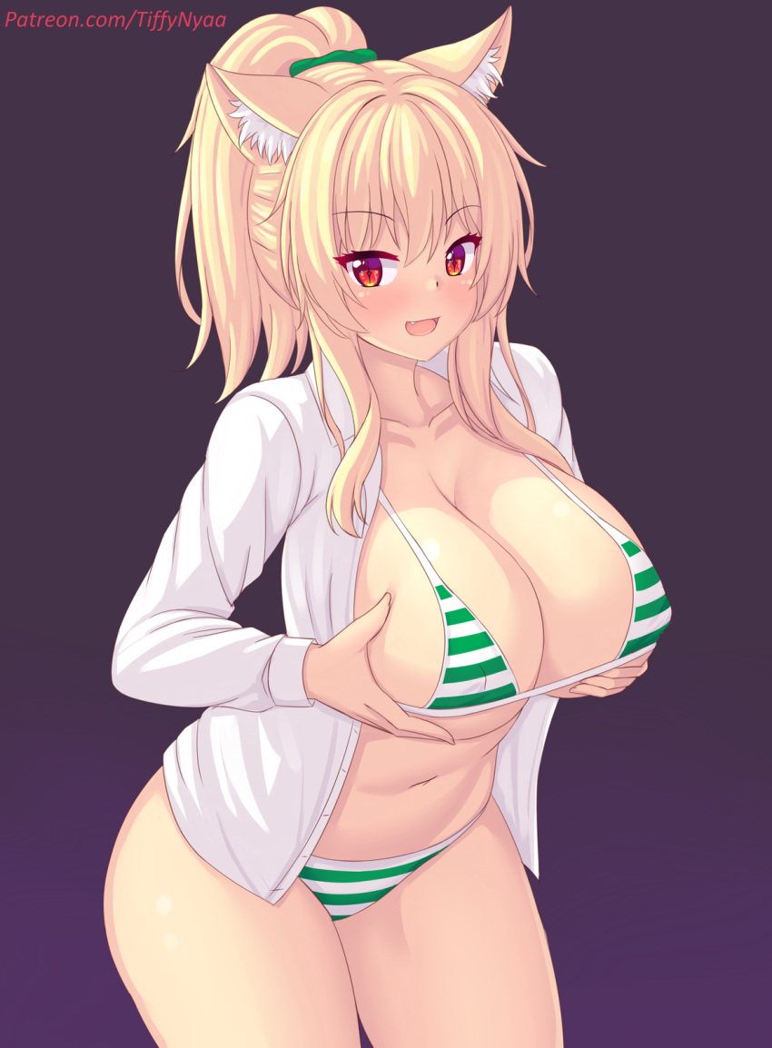 1girls bikini blonde_hair breasts cat_ears cat_tail catgirl female grabbing_own_breast hi_res hips huge_breasts light-skinned_female light_skin long_hair midriff striped_bikini thick_thighs thighs tiffy tiffynyaa wide_hips