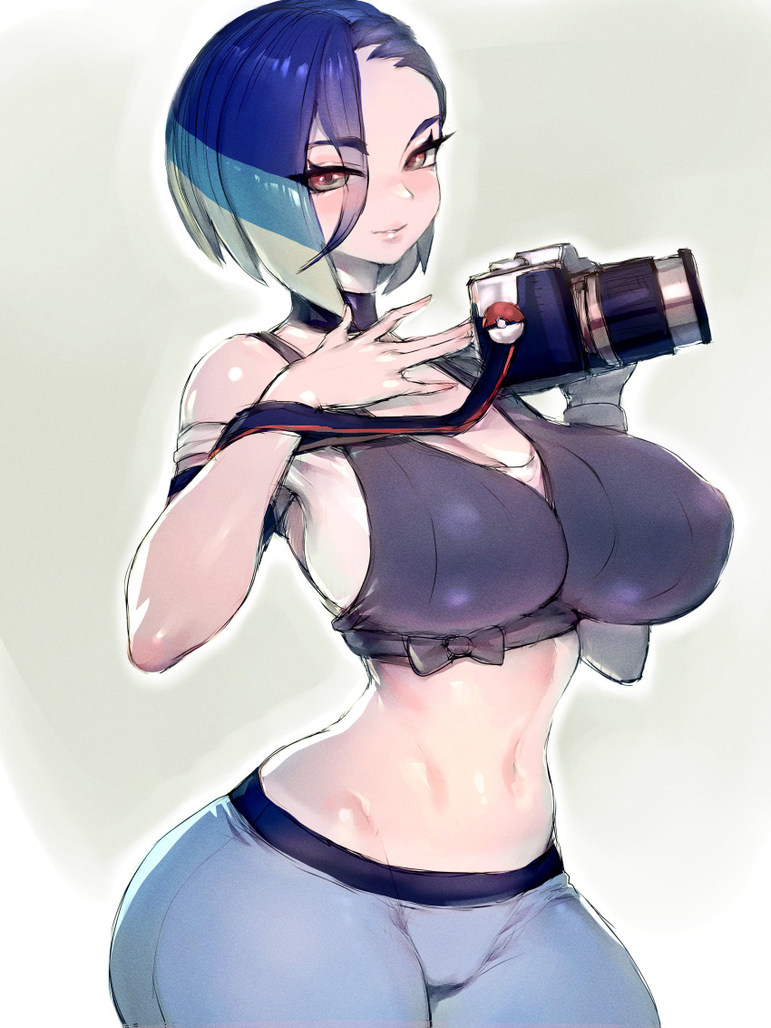 1girls alternate_breast_size asymmetrical_hair blue_hair breasts bust busty clothed female fumio_(rsqkr) game_freak hair_over_one_eye hips holding_camera holding_object huge_breasts large_breasts light-skinned_female light_skin midriff multicolored_hair navel nintendo perrin_(pokemon) pokemon pokemon_sv short_hair slim_figure slim_waist thick_thighs thighs voluptuous voluptuous_female wasp_waist wide_hips