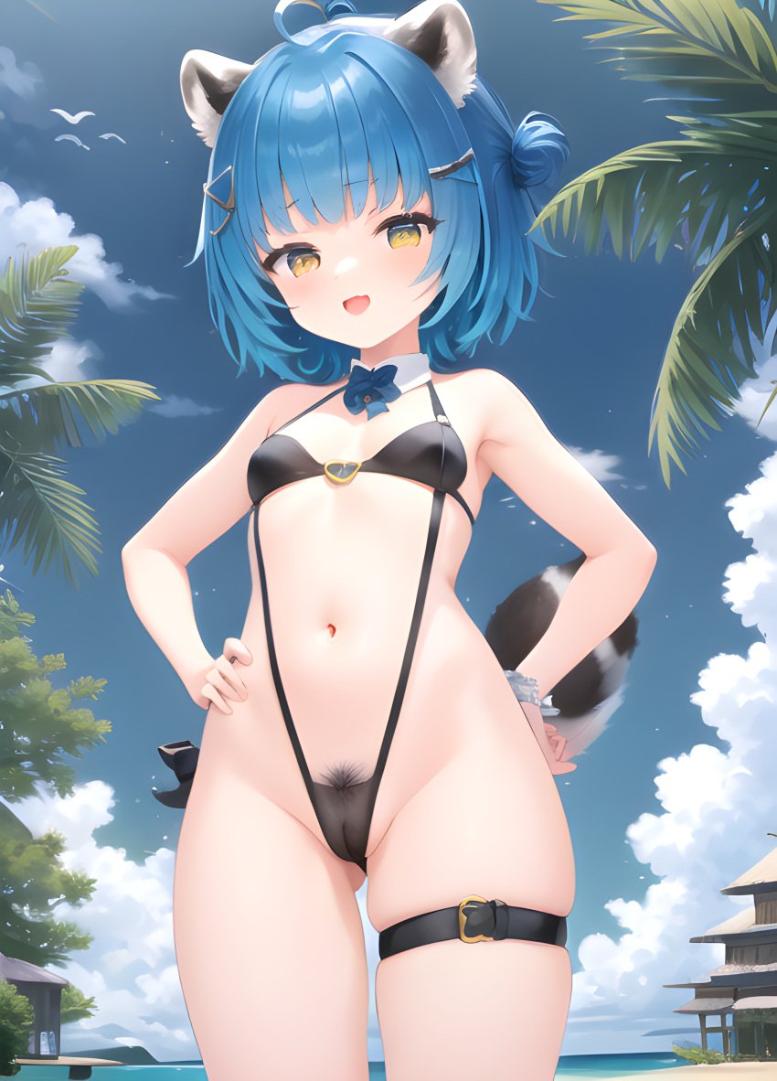 1girls ai_generated beach blue_hair endless_(idol_corp) hands_on_hips hi_res idol-en idol_corp open_mouth poko_rakun raccoon_ears raccoon_tail racoon_girl short_hair sling_bikini small_breasts stable_diffusion thigh_strap virtual_youtuber vtuber yellow_eyes