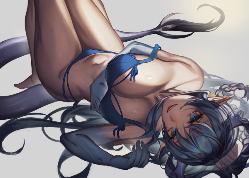 1girls 2023 arknights bare_legs bare_shoulders bikini blue_eyes blue_hair bra breasts dragon_girl dragon_horns dragon_tail hi_res horns kikanoe light-skinned_female light_skin ling_(arknights) long_hair looking_at_viewer lying pointy_ears simple_background solo tail thighs underwear