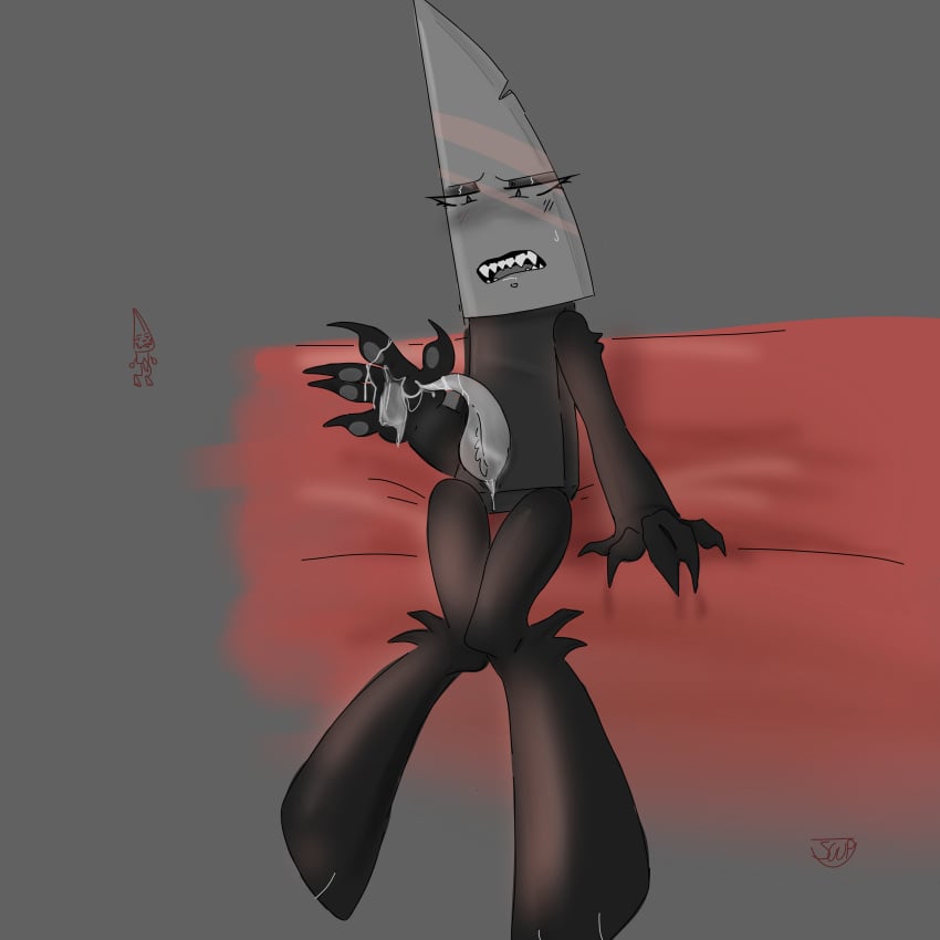 after_masturbation artist_signature artist_upload cum cum_on_hand doodle empty_space genital_slit grey_background grey_blush i_was_too_lazy_to_draw_an_entire_bed im_tired inanimate_insanity knife_(ii) leaking_slit object_shows p0zzms00p post_orgasm request requested self_upload sharp_teeth sitting_on_bed solid_color_background tentacle_penis