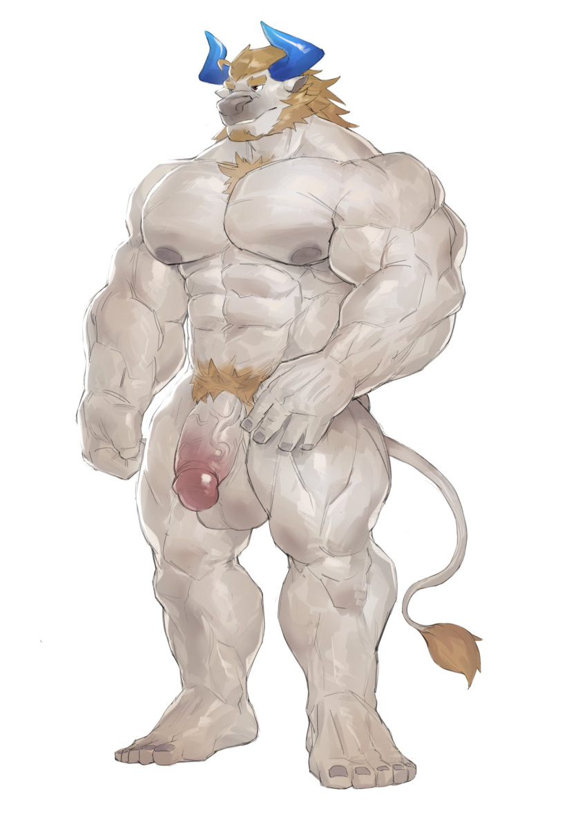 2020 2_horns 5_toes abs anthro beard biceps blonde_hair blue_horn body_hair bovid bovine cattle chest_hair deltoids diangun facial_hair feet flexor_carpi fur hair hi_res horn male mammal muscular muscular_anthro muscular_male muscular_thighs nipples pecs simple_background solo tail tail_tuft toes triceps tuft white_background white_body white_fur