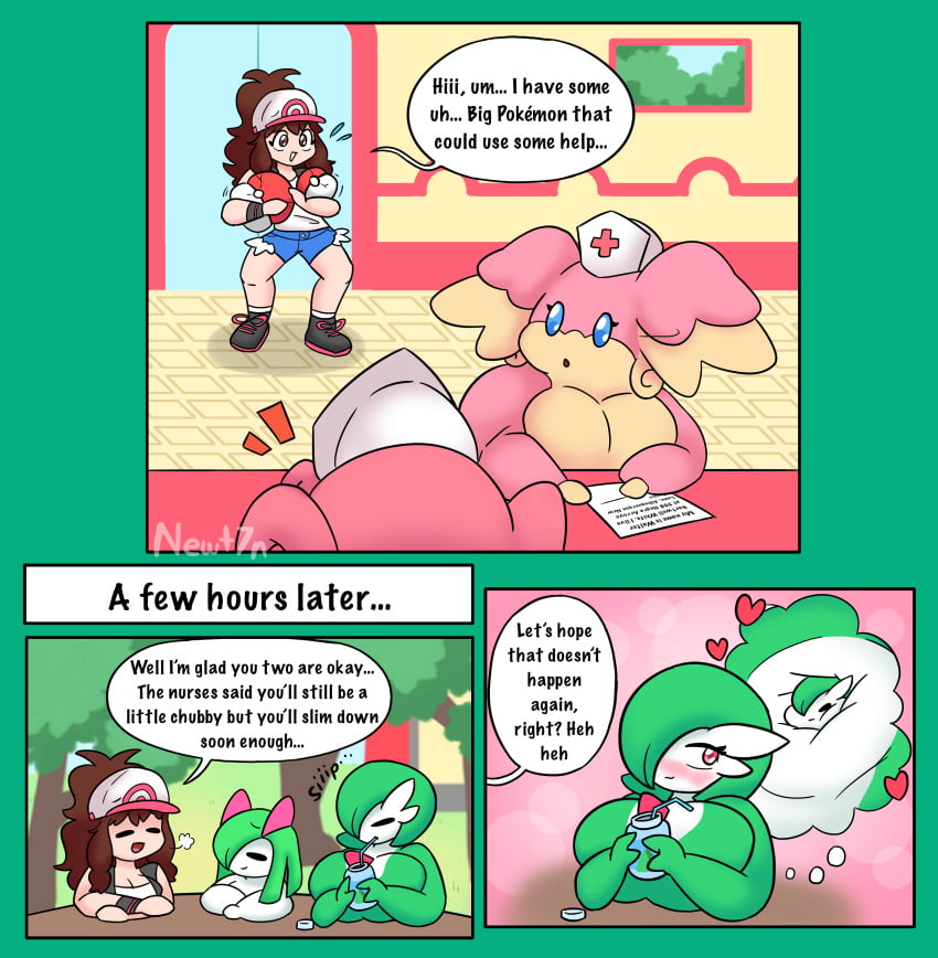 anthro audino big_breasts breasts_bigger_than_head comic comic_page dialogue gardevoir hilda_(pokemon) huge_breasts humanoid imagining inflation kirlia newt7n pokémon_(species) pokemon pokemon_(species) pokemon_focus text thinking