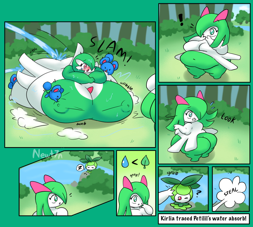 ass_expansion bbw belly_expansion big_ass big_belly big_breasts breast_expansion comic comic_page fat gameplay_mechanics gardevoir kirlia newt7n pokemon pokemon_(species) thick_thighs water_inflation weight_gain