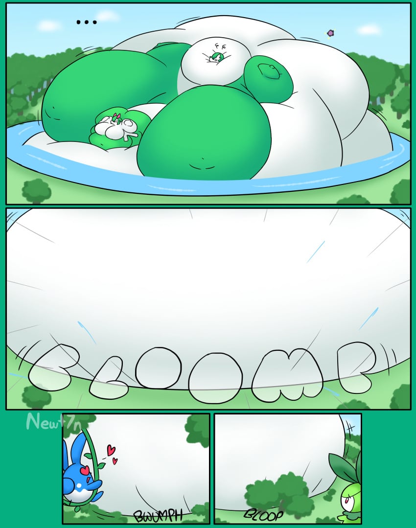 absorption bbw belly_expansion comic comic_page fat gardevoir huge_belly huge_breasts kirlia newt7n pokemon pokemon_(species) pokemon_only spherical_inflation sunken_head sunken_limbs text trees water_inflation weight_gain