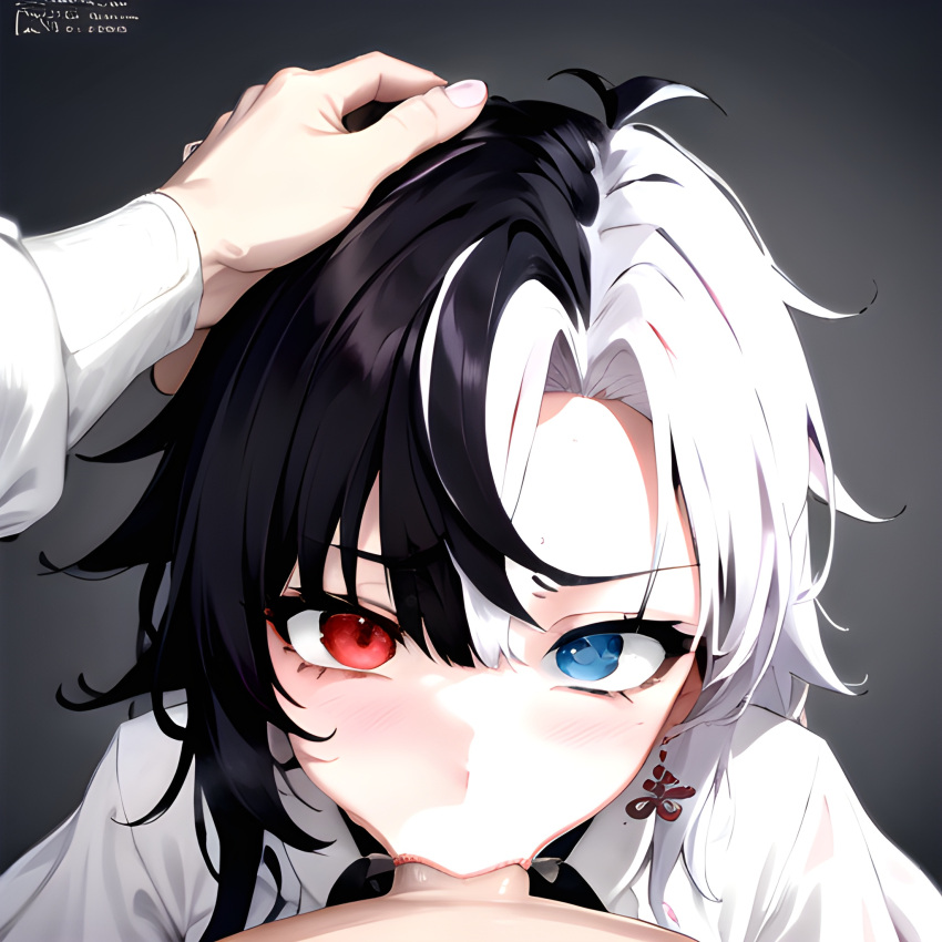 1girls ai_generated asexual blowjob blue_eyes deepthroat e-sekai fellatio hand_on_head heterochromia hi_res idol-en idol_corp male_pov partial_male red_eyes rin_penrose short_hair stable_diffusion tomboy virtual_youtuber vtuber