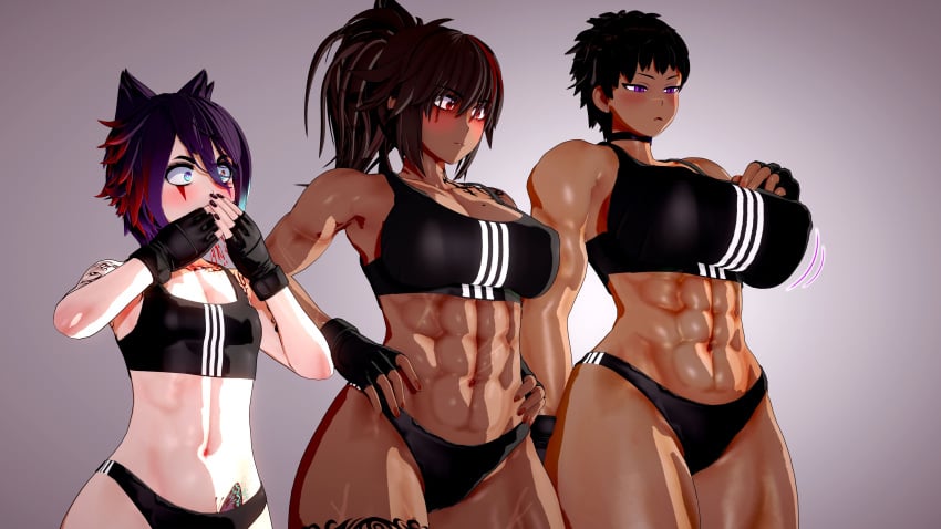 3d 3girls athletic athletic_female bare_midriff big_breasts blue_eyes breast_awe breast_envy breasts brown_hair busty camellia_(valiance) cleavage collar crop_top dark-skinned_female dark_skin erect_nipples female female_focus female_only gym_uniform hourglass_figure huge_breasts joan_(valiance) large_breasts long_hair makeup medium_support_(meme) nail_polish nipple_bulge oc pale-skinned_female pale_skin pixie_cut ponytail purple_hair red_eyes short_hair small_breasts sports_bra sportswear tagme tomboy valiance wide_hips zoey_(valiance)