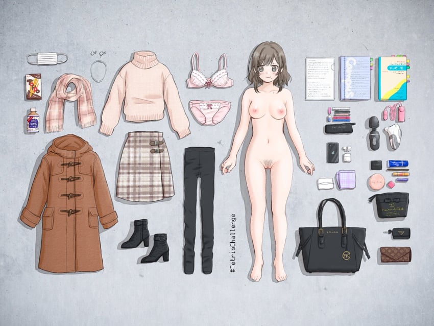 bag black_footwear blue_eyes blush boots bottle bra breasts brown_coat brown_hair cellphone clothes_removed coat completely_nude earphones earrings egg_vibrator female food full_body handbag high_heel_boots high_heels highres jewelry lying marrontorisu mask mask_removed medium_breasts mole mole_under_mouth necklace nipples notebook nude original panties pantyhose phone pink_panties scarf sex_toy short_hair smartphone sweater underwear vibrator white_mask