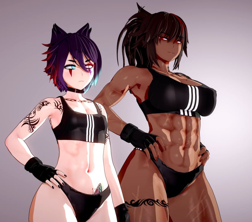 2girls 3d athletic athletic_female bare_midriff big_breasts blue_eyes breast_envy breasts brown_hair busty cleavage collar crop_top dark-skinned_female dark_skin erect_nipples female female_focus female_only gym_uniform hourglass_figure joan_(valiance) large_breasts long_hair makeup medium_support_(meme) nail_polish nipple_bulge oc pale-skinned_female pale_skin ponytail red_eyes short_hair small_breasts sports_bra sportswear tagme tomboy valiance wide_hips zoey_(valiance)