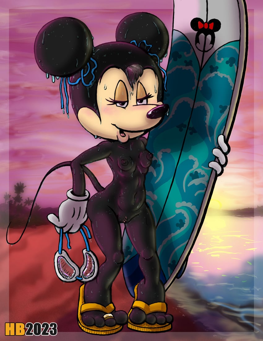 anthro beach black_body black_fur breasts clothing digit_ring disney eyewear female footwear fur genitals gloves goggles handwear hentai_boy hentai_boy_(artist) hi_res jewelry mammal minnie_mouse mouse murid murine nude pussy ribbons ring rodent sandals seaside solo solo_focus sunset surfboard toe_ring wet wet_body