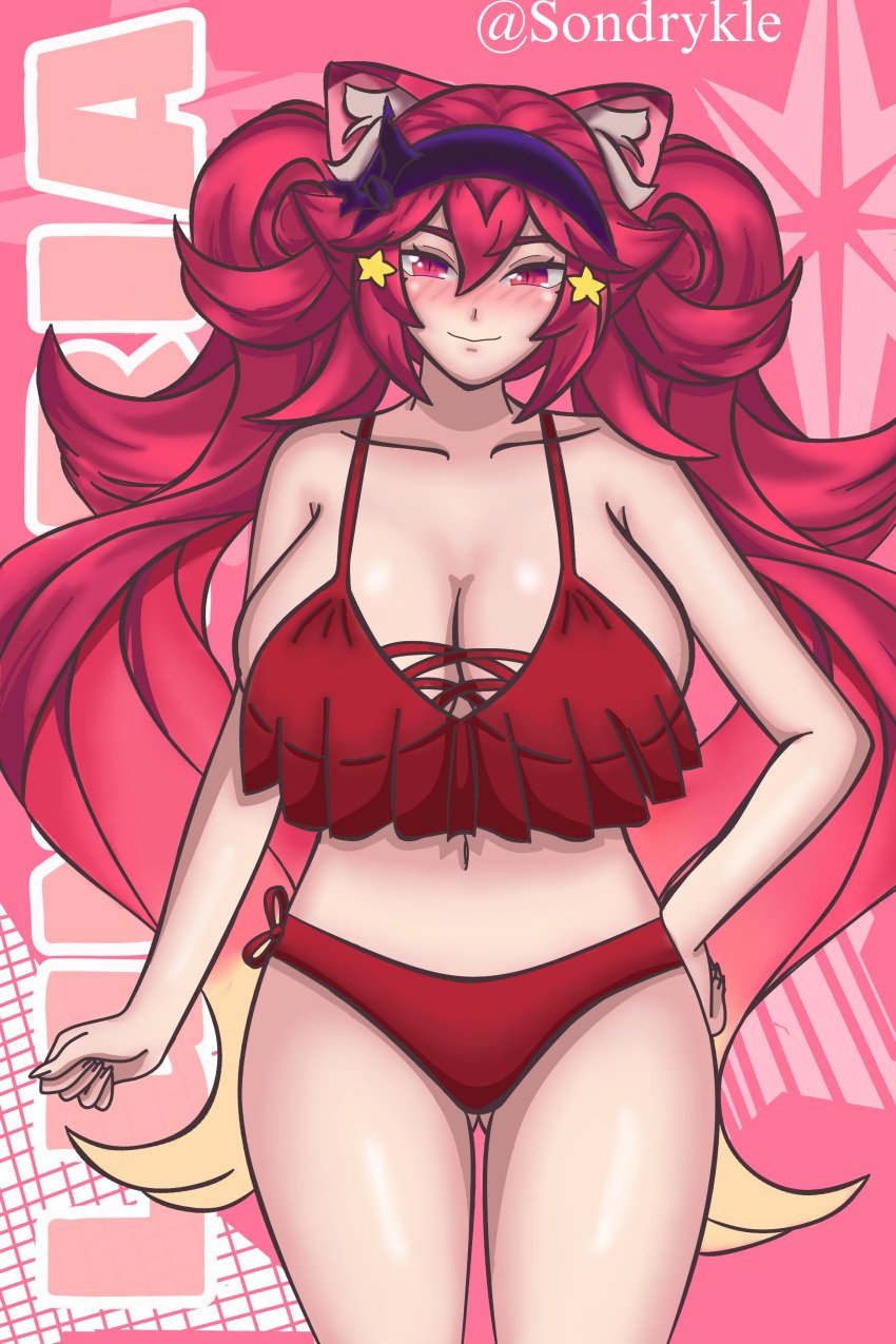 big_breasts bikini blush breasts cat_ears cosplay flushed flushed_face latam_virtual_youtuber long_hair looking_at_viewer lunaria_ayaren oppai red_bikini red_eyes red_hair semi_nude sondrykle virtual_youtuber vtuber vtuberfanart