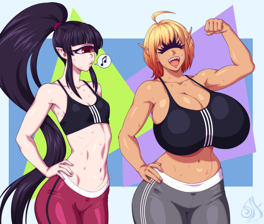 2girls absurd_res ahoge big_breasts black_hair blonde_hair breast_size_difference cleavage closed_eyes cyclops dark-skinned_female dark_skin eyelashes female female_only flexing flexing_bicep hand_on_hip high_ponytail highlights_(coloring) huge_breasts light-skinned_female light_skin long_hair looking_at_breasts medium_support_(meme) pointy_ears ponytail red_eyes red_highlights small_breasts smile souladdicted spoken_musical_note sports_bra sportswear sweat vane_(souladdicted) viviana_(souladdicted)