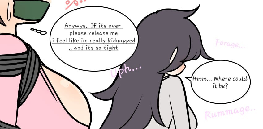 bondage bound bound_arms bound_wrists english_text gag gagged gagged_speech leajin long_gray_hair long_hair rope_bondage short_brown_hair short_hair tape tape_gag tape_gagged yuri