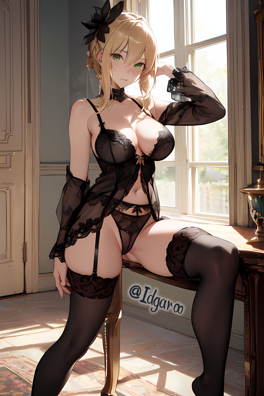 absurd_res ai_generated artoria_pendragon blonde_hair fate/grand_order fate_(series) green_eyes hi_res highres idgaroo indoors lingerie panties shy skirt tights