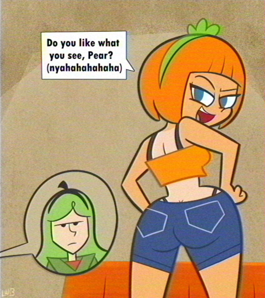 2girls annoying_orange ass clothed clothing color colored english english_text female genderswap_(mtf) green_eyes green_hair hear_me_out human human_only humanized lolwutburger multiple_girls orange_(annoying_orange) orange_hair pear_(annoying_orange) reddit_link rule_63 speech_box speech_bubble tanline text vhs_filter youtube