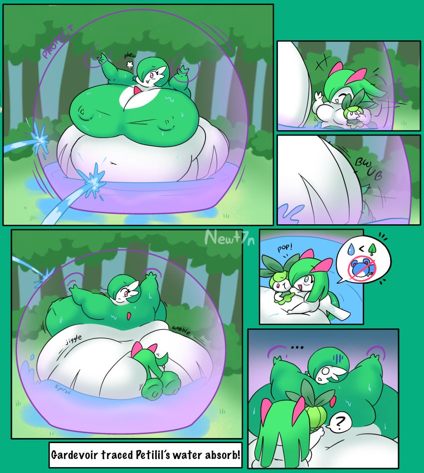 bbw big_ass big_belly big_breasts comic comic_page fat fat_fetish gameplay_mechanics gardevoir inflation kirlia newt7n pokemon pokemon_(species) shield thick_thighs