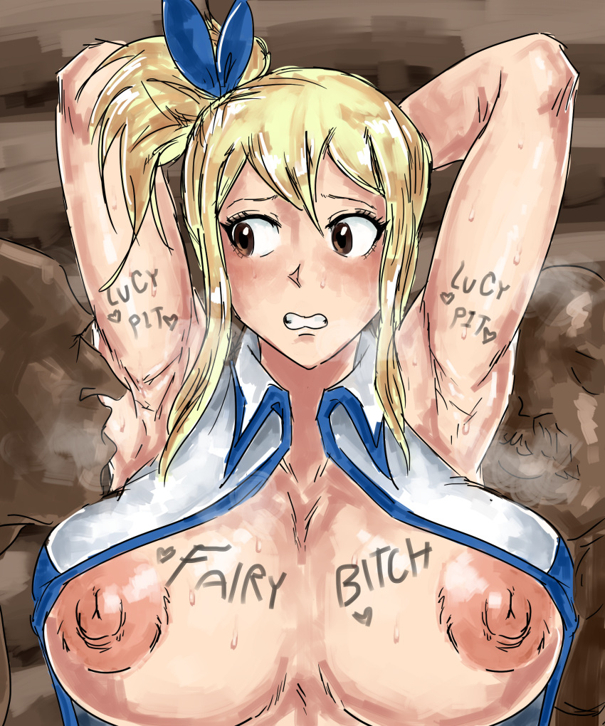 1girls 2boys armpit_fetish armpits arms_up badlandblack big_breasts blonde_hair blonde_hair body_writing breasts brown_eyes dark-skinned_male fairy_tail female group hairbow huge_breasts light-skinned_female light_skin lucy_heartfilia male nipples sweat sweaty sweaty_body