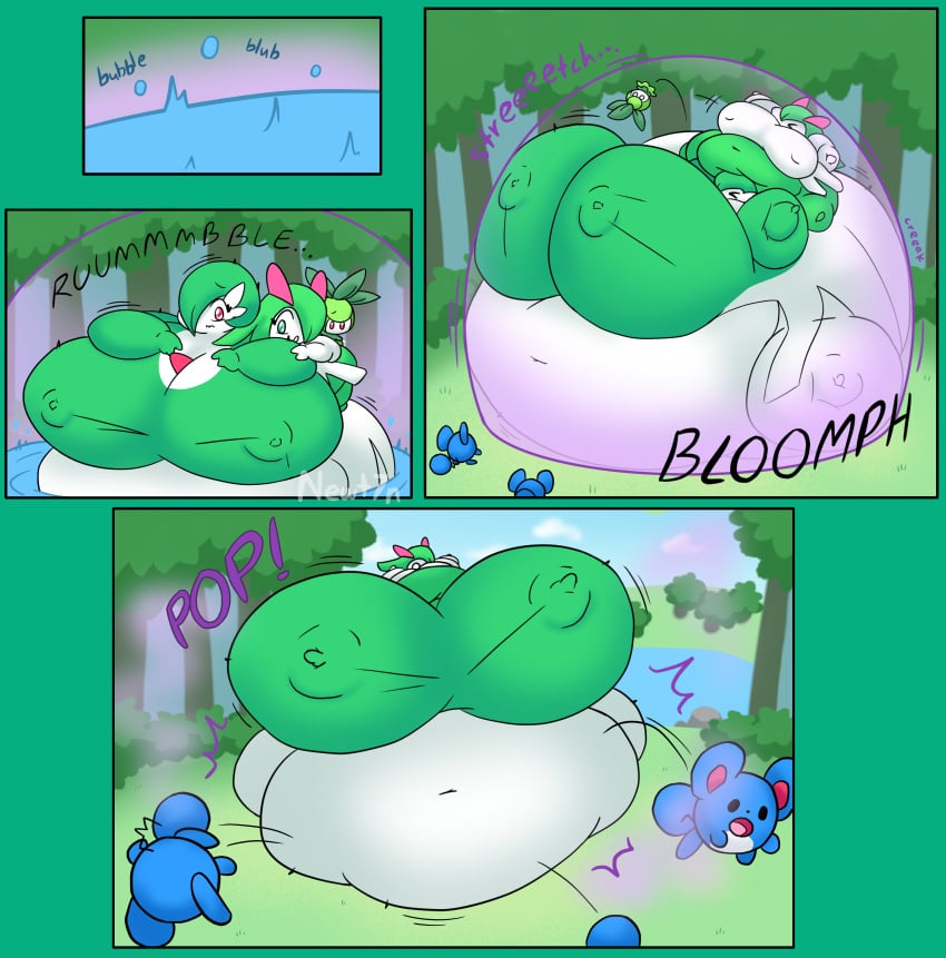 absorption ass_expansion bbw belly_expansion big_ass big_belly big_breasts breast_expansion comic comic_page fat gameplay_mechanics gardevoir huge_breasts kirlia newt7n pokemon pokemon_(species) spherical_inflation sunken_head sunken_limbs water_inflation weight_gain