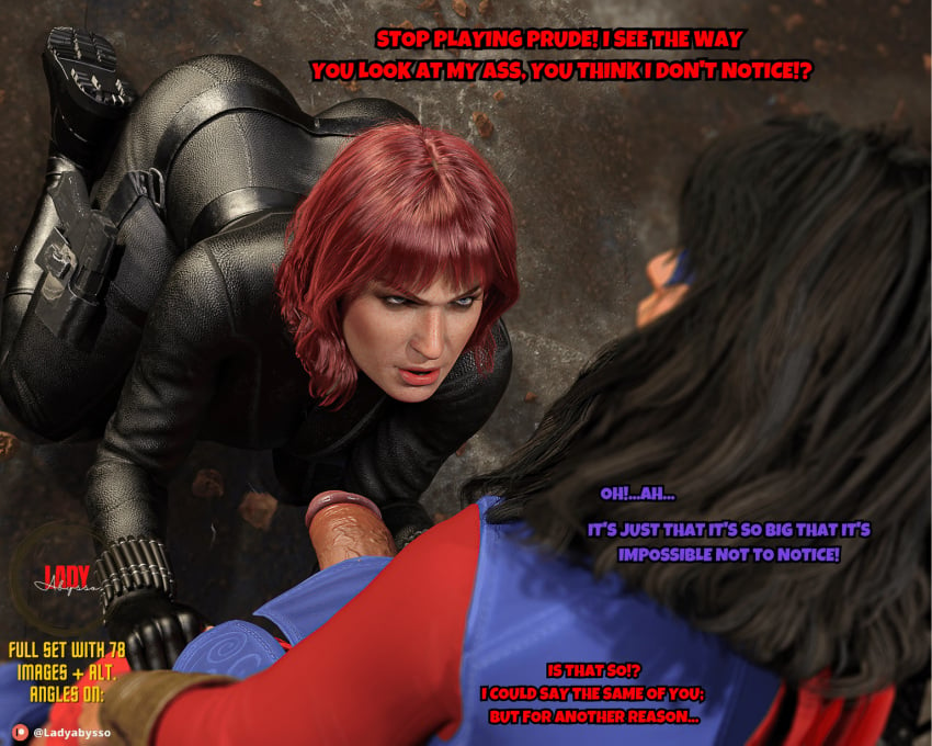 1futa 1girls 3d adult age_difference aged_up avengers big_ass big_breasts big_bulge big_butt big_penis black_widow_(marvel) bulge clothes comic_page dark_skin dickgirl female futa_on_female futanari huge_breasts huge_cock indian_female kamala_khan ladyabysso marvel ms._marvel pin_up red_hair teenage_girl teenager text