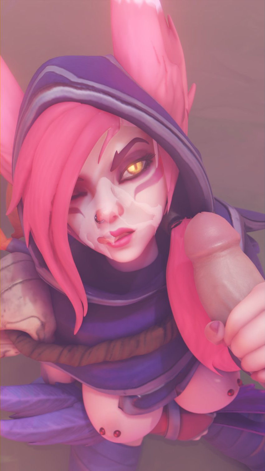 angry_face big_breasts breasts breasts_out cum_on_face cumshot facial feathers handjob hood_up image league_of_legends licking_cum licking_lips nipple_piercing partially_clothed piercings ricepanda tight_grip tongue_out vastaya xayah