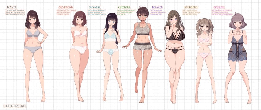 6+futas 7futas big_breasts black_hair bow_panties boyshorts bra breasts brown_hair bulge character_sheet cleavage clothed clothing description flaccid full_body futa_only futanari gigantic_breasts huge_breasts human knees_together_feet_apart large_breasts light-skinned_futanari light_skin lineup lingerie long_hair looking_at_viewer mature mature_futa mesh mostly_nude panties partially_clothed penis_in_panties petite print_bra print_panties print_underwear sheer short_hair small_breasts small_penis sports_bra standing text thick_thighs tomboy underwear underwear_only voluptuous waistband white_panties wide_hips yana_(nekoarashi)