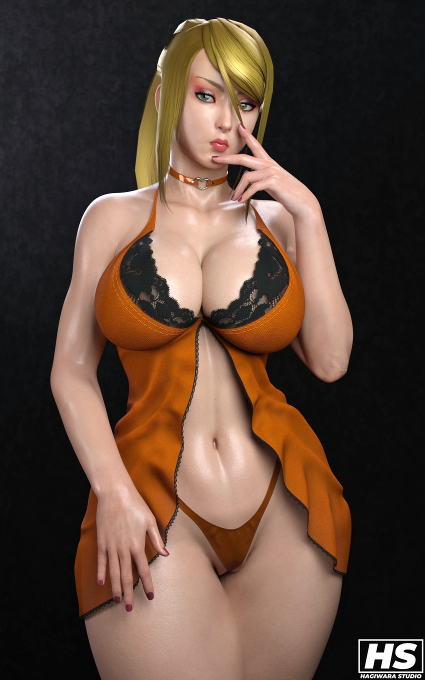 1girls 3d ass babydoll big_ass big_breasts bimbo blonde blonde_hair blue_eyes breasts choker cleavage deep_cleavage female female_only full_cleavage g-string hagiwara_studio huge_breasts lingerie long_blonde_hair long_hair looking_at_viewer metroid nintendo orange_lingerie posing samus_aran solo thick_thighs thong