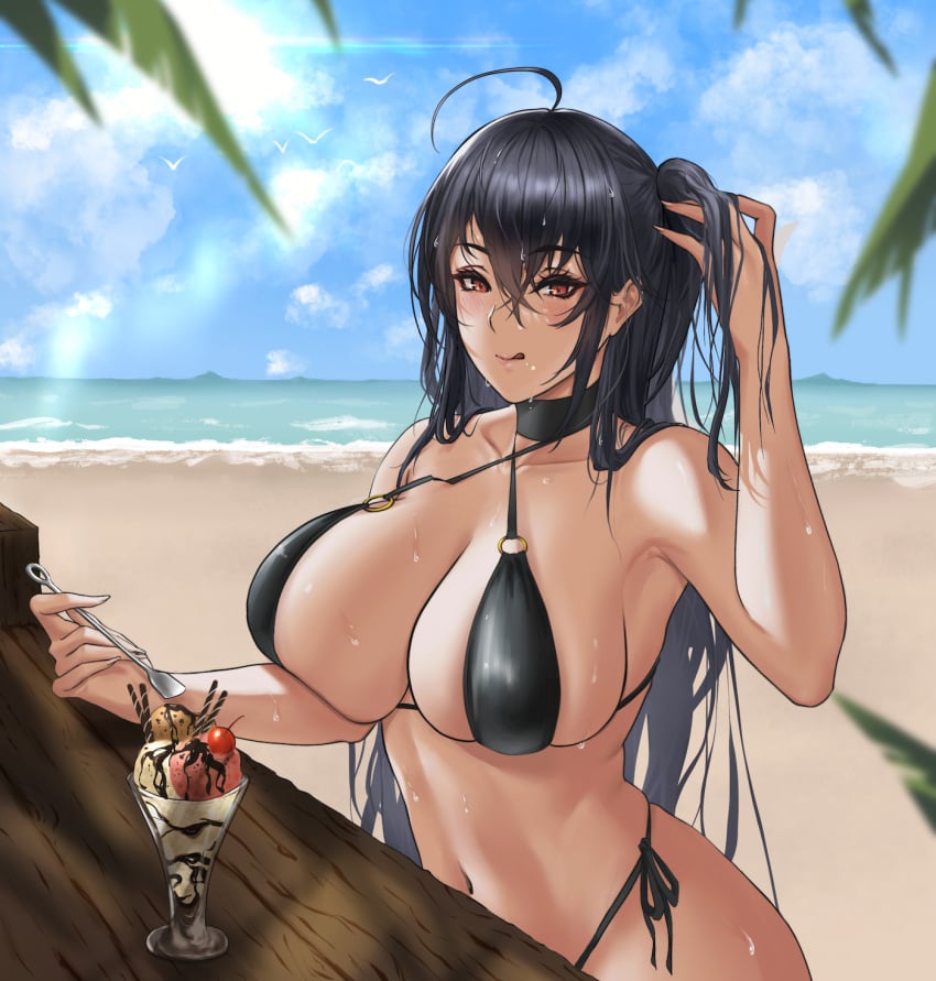 1girls 2022 ahoge alternate_costume azur_lane beach bikini black_bikini black_choker black_hair blue_sky breasts chocolate choker cloud cloudy_sky criss-cross_halter duchessofarmeria female food halterneck hand_in_own_hair highres ice_cream large_breasts light-skinned_female light_skin long_hair looking_at_viewer o-ring o-ring_bikini ocean outdoors red_eyes sakura_empire_(azur_lane) sand side-tie_bikini_bottom skindentation sky summer sun sunlight swimsuit taihou_(azur_lane) very_long_hair water