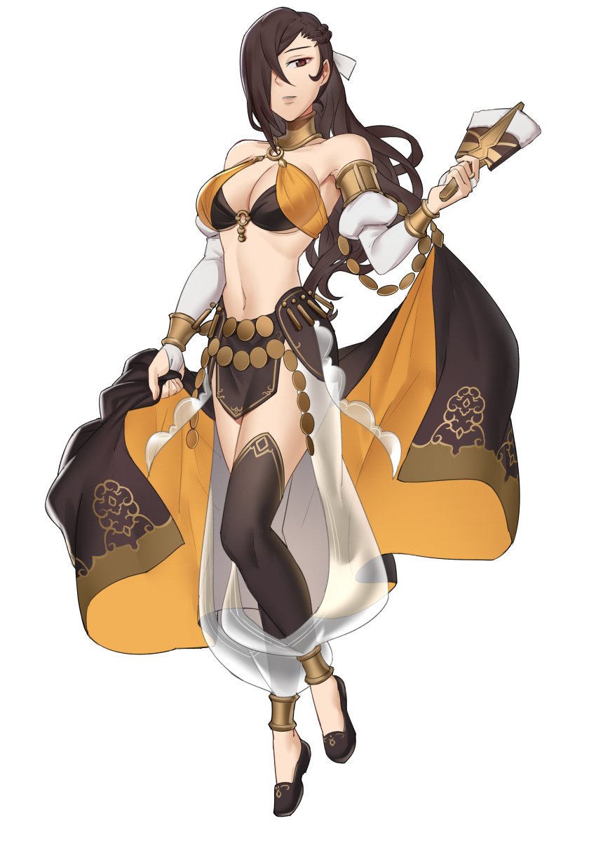 1girls absurdres alternate_costume black_cape black_thighhighs breasts brown_hair cape choker cleavage cosplay dancer detached_cape detached_sleeves ebinku female female female_only fire_emblem fire_emblem_fates fire_emblem_heroes hair_over_one_eye highres kagero_(fire_emblem) navel nintendo olivia_(fire_emblem) olivia_(fire_emblem)_(cosplay) olivia_(performing_arts)_(fire_emblem) orange_cape thighhighs two-tone_cape