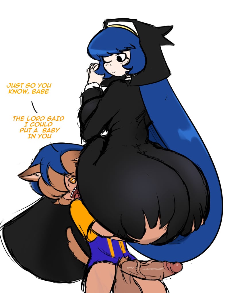 big_ass bigger_female blue_hair carrying_partner clothed dark-skinned_male dog_boy dog_collar douby_(horndog) floogledoodle horndog_(artist) imminent_sex nun oc sketch smaller_male tail veiny_penis