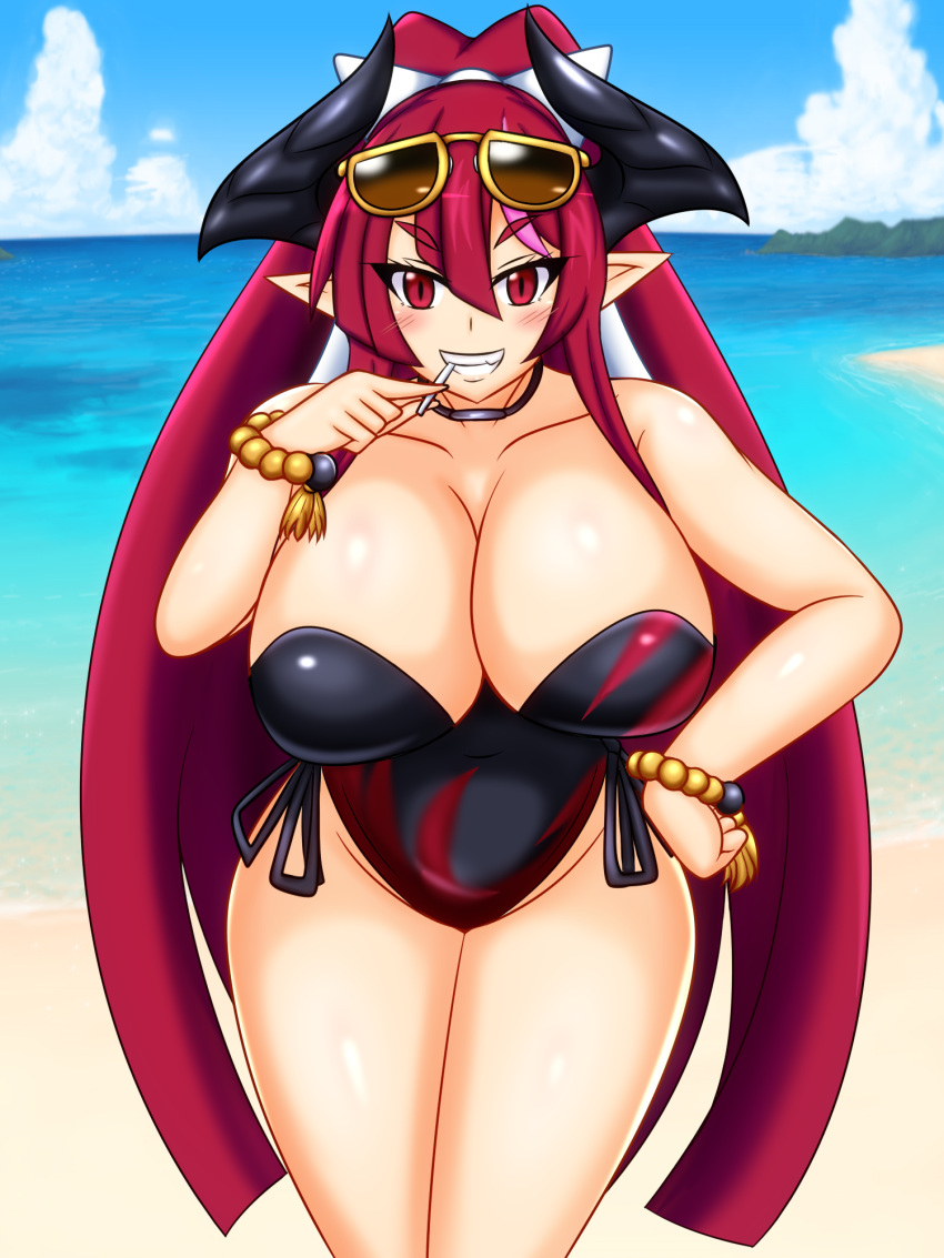 1girls beach breasts cleavage demon_girl demon_horns disgaea disgaea_7 female female_only higan_zesshosai horns large_breasts leaning_forward light-skinned_female light_skin nippon_ichi_software one-piece_swimsuit red_eyes red_hair solo sunglasses sunglasses_on_head swimsuit thick_thighs thighs yukari_ume