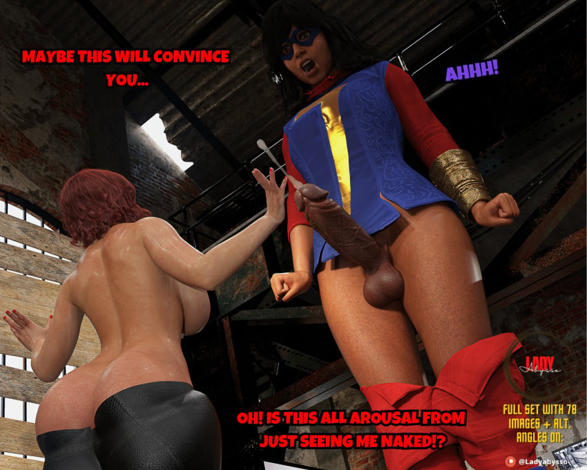 1futa 1girls 3d adult age_difference aged_up avengers big_ass big_breasts big_bulge big_butt big_penis black_widow_(marvel) bulge clothes comic_page cum cumshot dark_skin dickgirl female futa_giantess futa_with_female futanari giantess huge_breasts huge_cock indian_female kamala_khan ladyabysso marvel micro mostly_nude ms._marvel nude nude_female pin_up red_hair teenage_girl teenager text