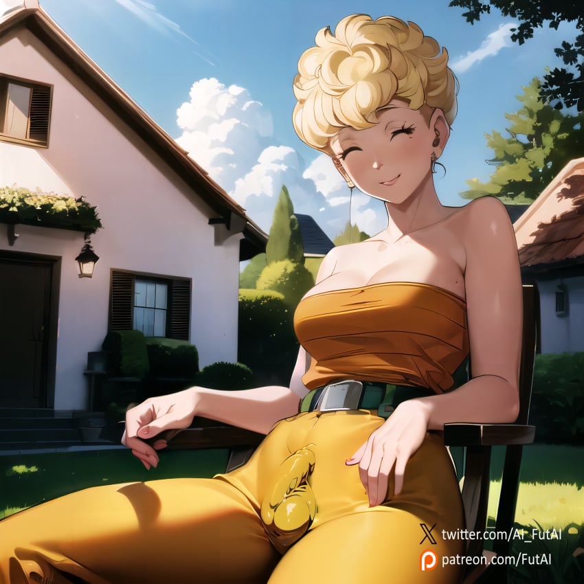 1futa ai_generated blonde_hair closed_eyes dragon_ball futai futanari medium_breasts panchy panchy_(dragon_ball) panchy_briefs penis_bulge penis_expansion solo solo_focus