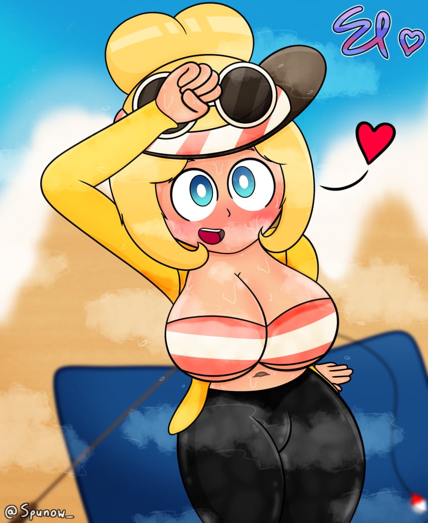 1girls absurd_res artist_name artist_signature beach beach_towel blonde_hair blue_eyes blush breasts coraline_(mii_plaza) female female_focus female_only fishing_line fishing_rod glasses hand_above_head hat heart jacket long_sleeves looking_up nintendo open_mouth pants seated shades sitting spunow_ streetpass_mii_plaza sweat sweaty sweaty_body sweaty_breasts sweaty_face sweaty_thighs text tight_clothing tight_pants towel