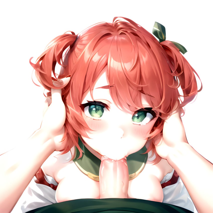 1girls ai_generated blowjob e-sekai fellatio fuyo_cloverfield green_eyes hands_on_head hi_res idol_corp red_hair short_hair small_breasts stable_diffusion virtual_youtuber